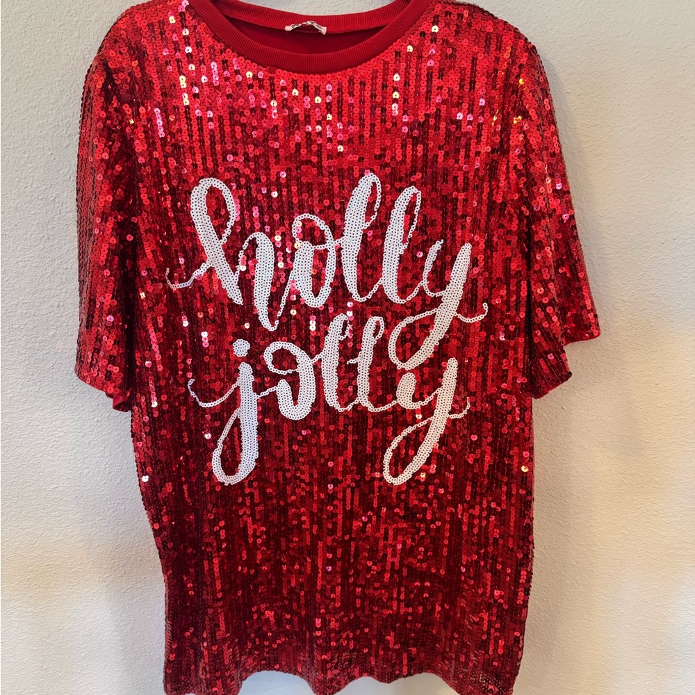 Red Sequin 'Holly Jolly' Oversized Shirt or Tunic. O/S fits all.